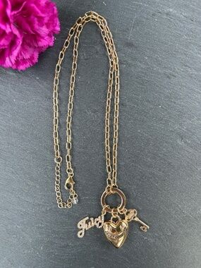Vintage Juicy Couture Multi Charm Necklace Y2K Puffy Heart Rhinestone Crown Key